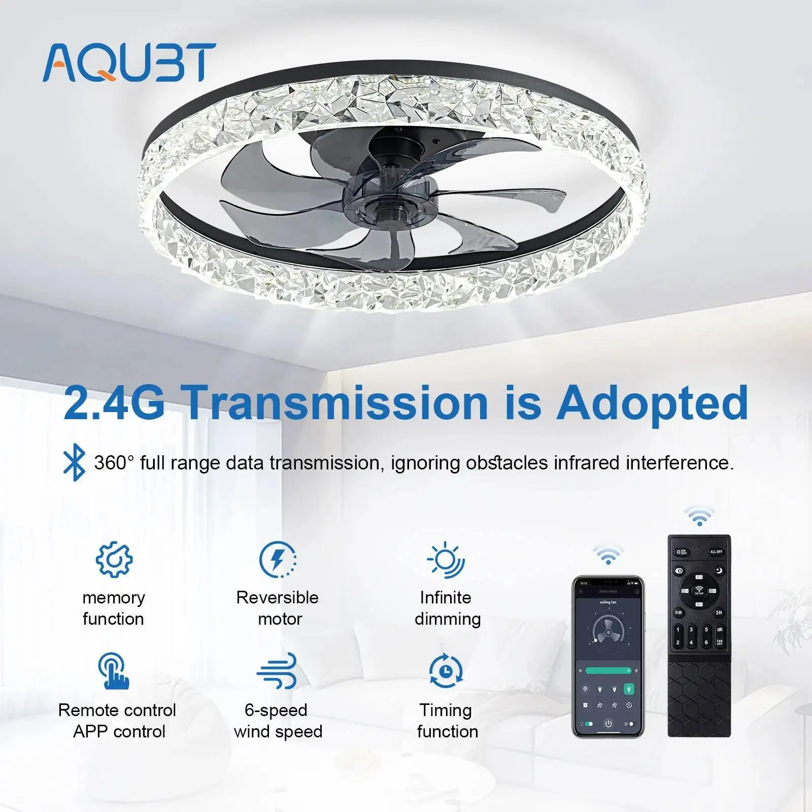 

Crystal Trim Ceiling Fan Light - Silent DC Motor 48 Inch LED Chandelier, 2024 Hot for Living Room Bedroom