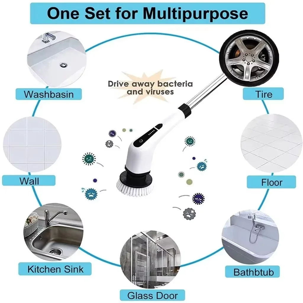 8-in-1 Multifunctional Electric Cleaning Brush Bathroom Kitchen Brush Cleaning With LED NightLight Rotatable Household Brush
