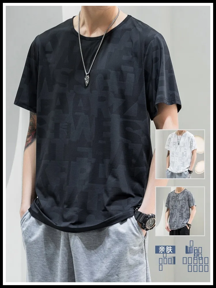 

Men's ort Sve T-irt Ice Silk Loose Fit Qui Dry Summer Spor Thin American Sle Fitn Baskeall f Sve Top