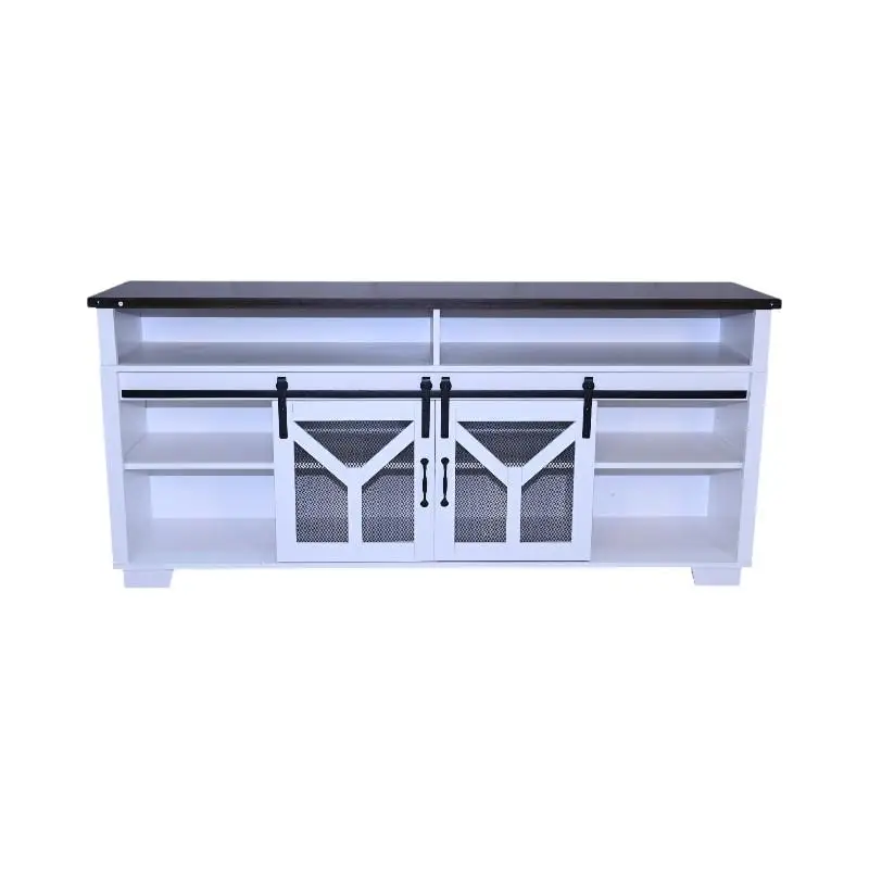 حامل تلفزيون مقاس 65.3 بوصة مع شرائط إضاءة LED وباب الحظيرة الشبكي الحديدي، سطح مزخرف بلون الجوز الأبيض والأسود، نمط المزرعة #1