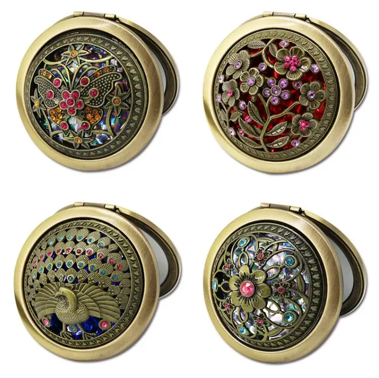 

Metal Pocket Cosmetic Mirrors Hand Compact Makeup Copper Plating Retro Hollowing Out DIY Portable Folding Mirror Gifts ni502