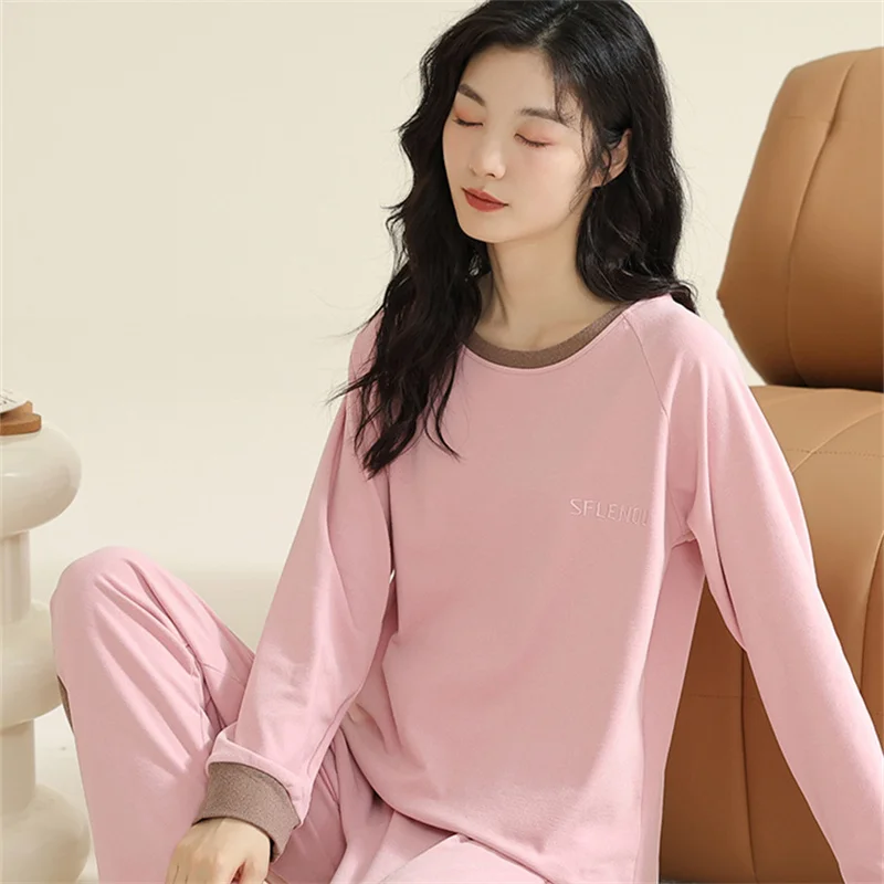 Winter New Warm Women Long Sleeve Trousers Soft Pajamas Lounge Sleepwear Suit Solid White Bedroom Home Clothes