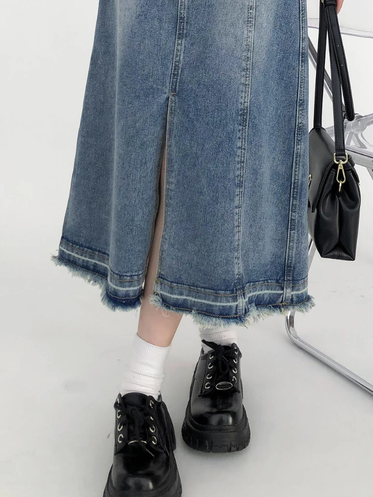 Skirts Women Leisure Pockets Denim Fashion Korean Style S-5XL Simple Solid Slit Autumn Student A-line Empire Clothes Midi Faldas