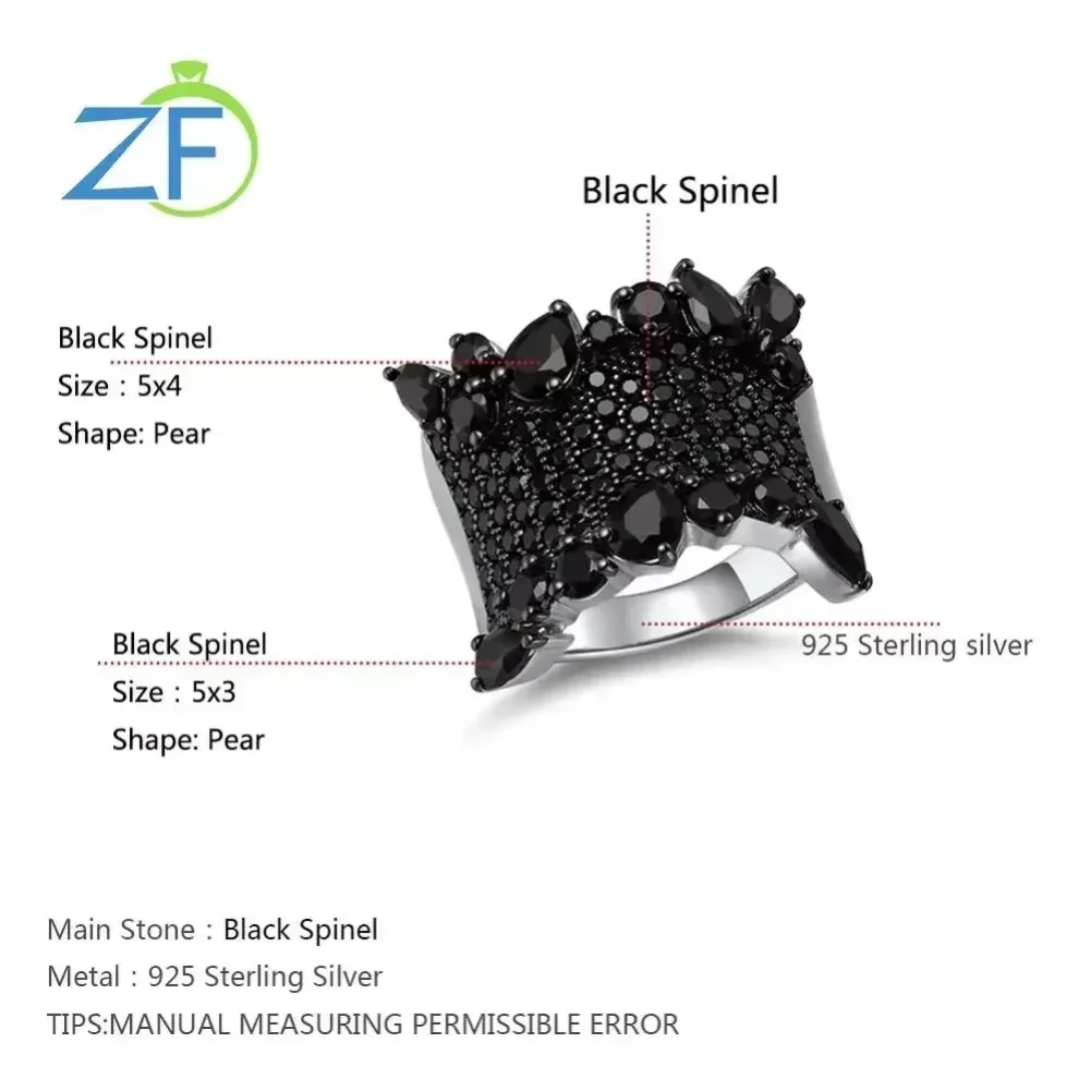 GZ ZONGFA 925 Sterling Silver Ring for Women 4 Carat Natural Black Spinel Gemstone-Elegant Cocktail Fine Jewelry Ideal Gift