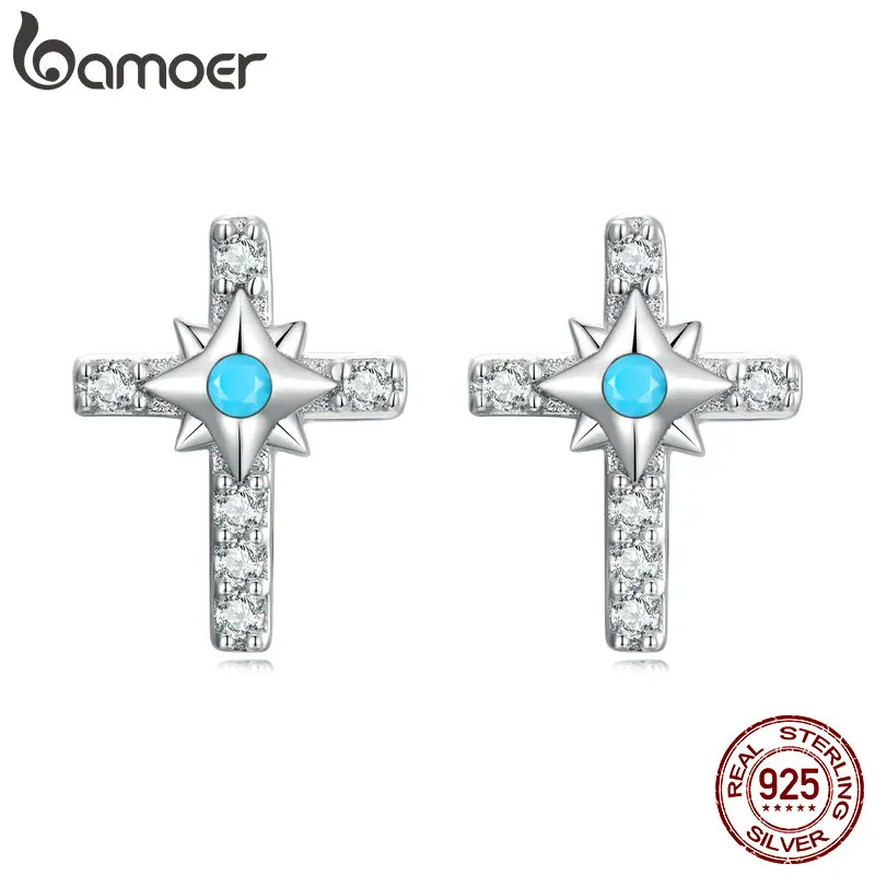 Bamoer Authentic 925 Sterling Silver Bright Cross Stud Earrings for Women Fine Turquoise Jewelry Wedding Aniversary Gift SCE1477