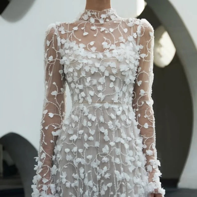 

Белые аппликации Свадебные платья 3D цветочная наклейка Юбка с длинными рукавами Свадебное платье Свадебное платье