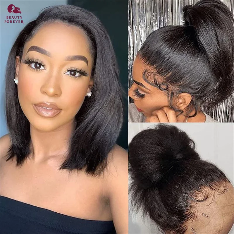 

Beauty Forever Yaki Straight Short Bob Human Hair Wig Bye Bye KNOTS 2.0 Glueless BOB Lace Front Wig Put and Go Smart Wear