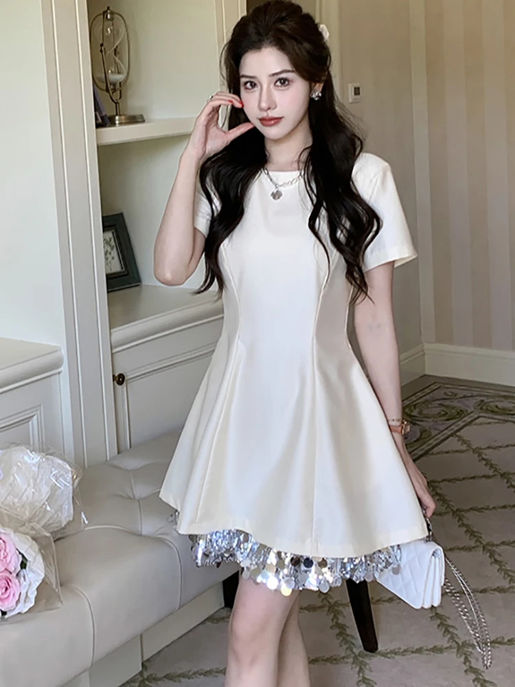 Summer White Patchwork Sequins Chic Y2k Mini Dress Women Short Sleeve Elegant A-Line Dress 2024 New Korean Bodycon Kawaii Dress