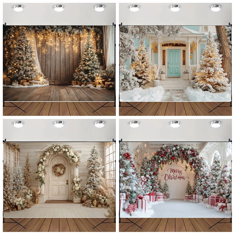 

MOON.QG Christmas Trees Cottages Custom Backdrop Arch Areath Door Photography Background Photo Studio Wallpaper Decoration Party