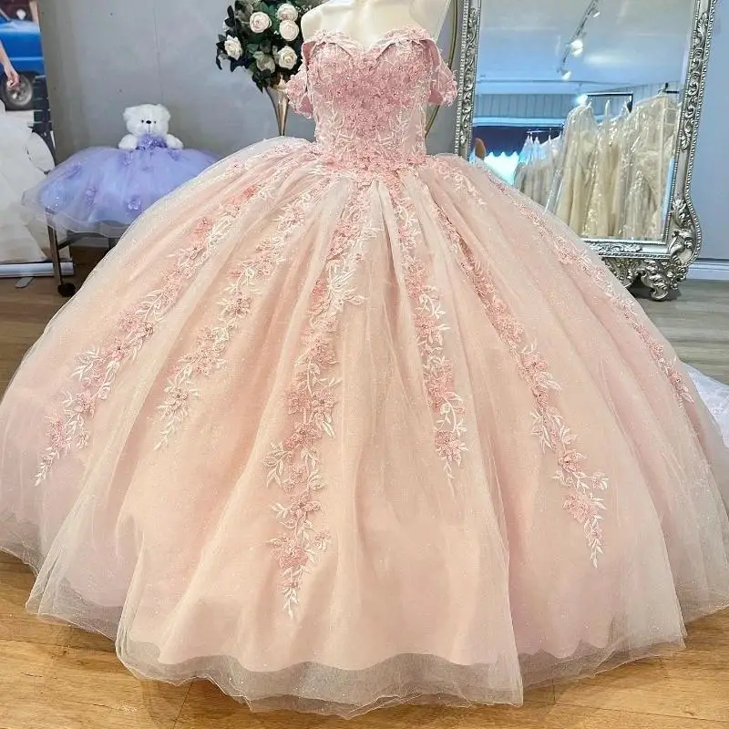 

Pink Glitter Crystal Sequined Ball Gown Quinceanera Dresses Off The Shoulder Applique Lace Beading Tull Corset Vestidos De 15