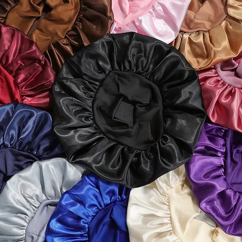 1pc Silky Satin Cap Reusable Elastic Wide Band Shower Cap Sleeping Cap Hair Protective Cap for Women Curly Natural Hair