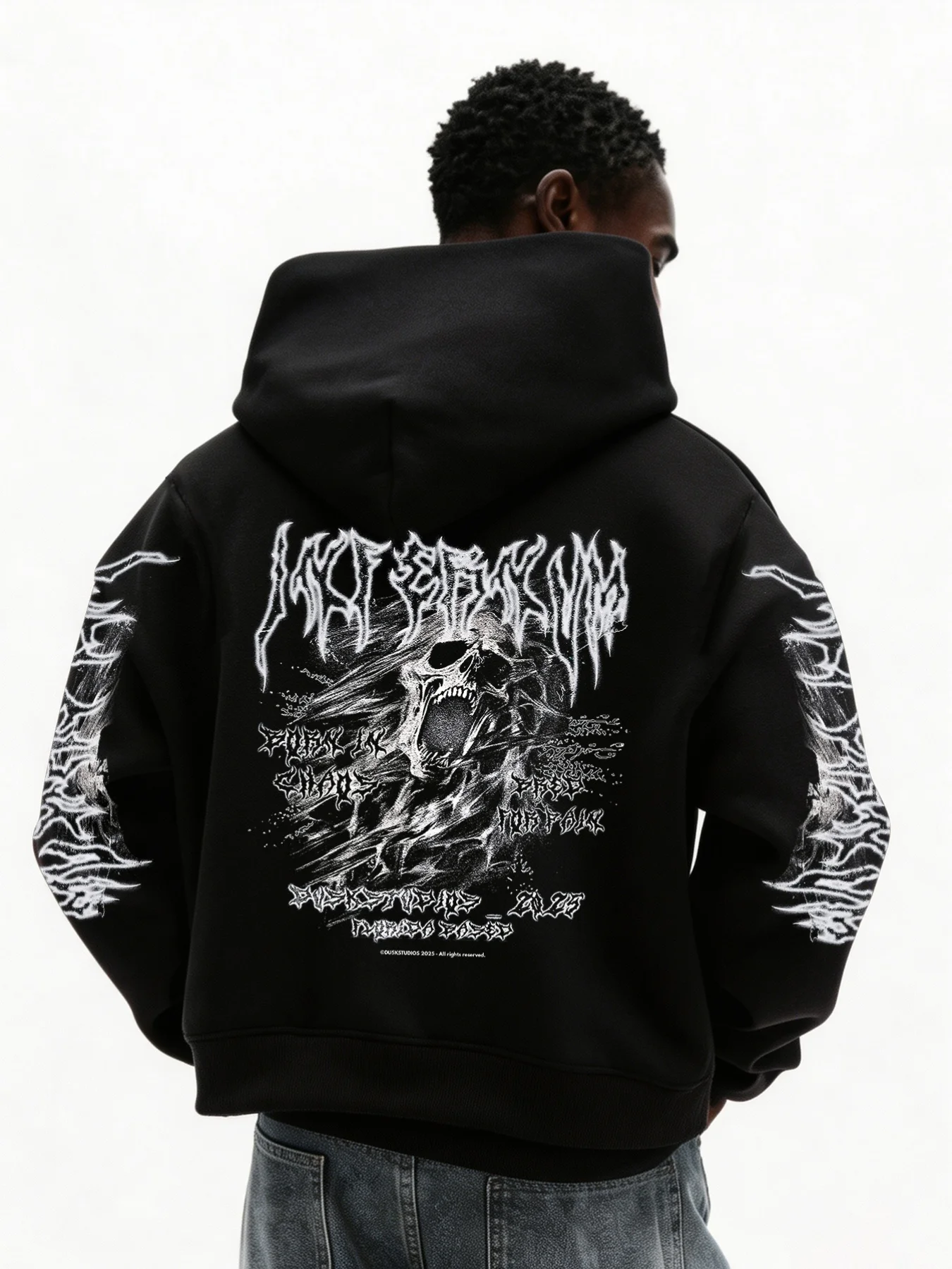 White Flames Roar Skeleton Extreme Metal Gothic Alphabet American Hardcore Hoodie