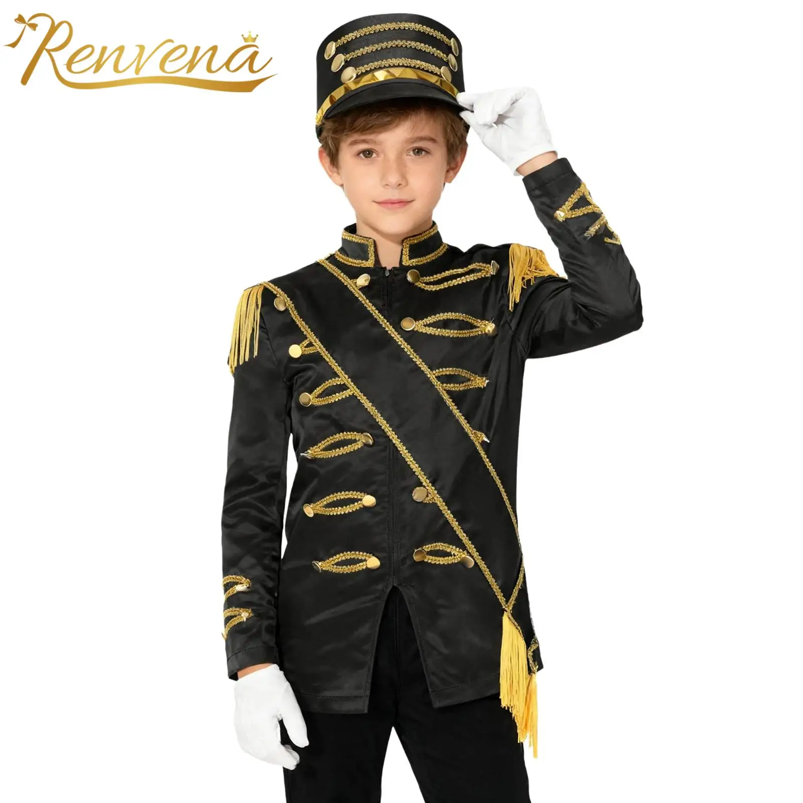 

Kids Boys Honor Guard Cosplay Outfit Drum Band Major Uniform Costume Circus Ringmaster Jacket with Majorette Soldier Hat Gloves