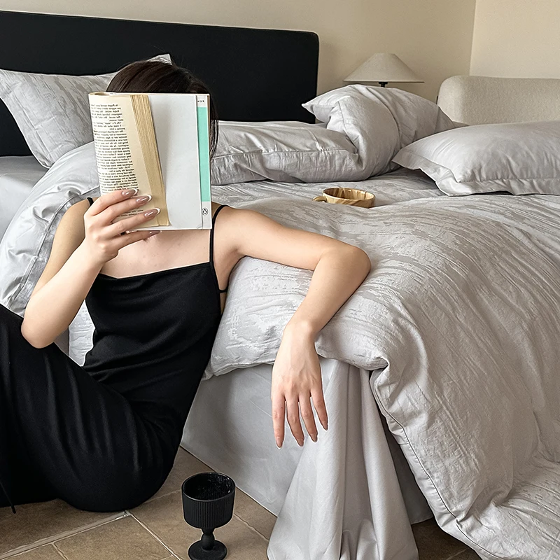 100% القطن الساتين الجاكار 4 قطعة طقم سرير فئة أ 60s طويلة التيلة القطن حاف مجموعة غطاء ضوء الملمس الفاخر للديكور المنزل #5