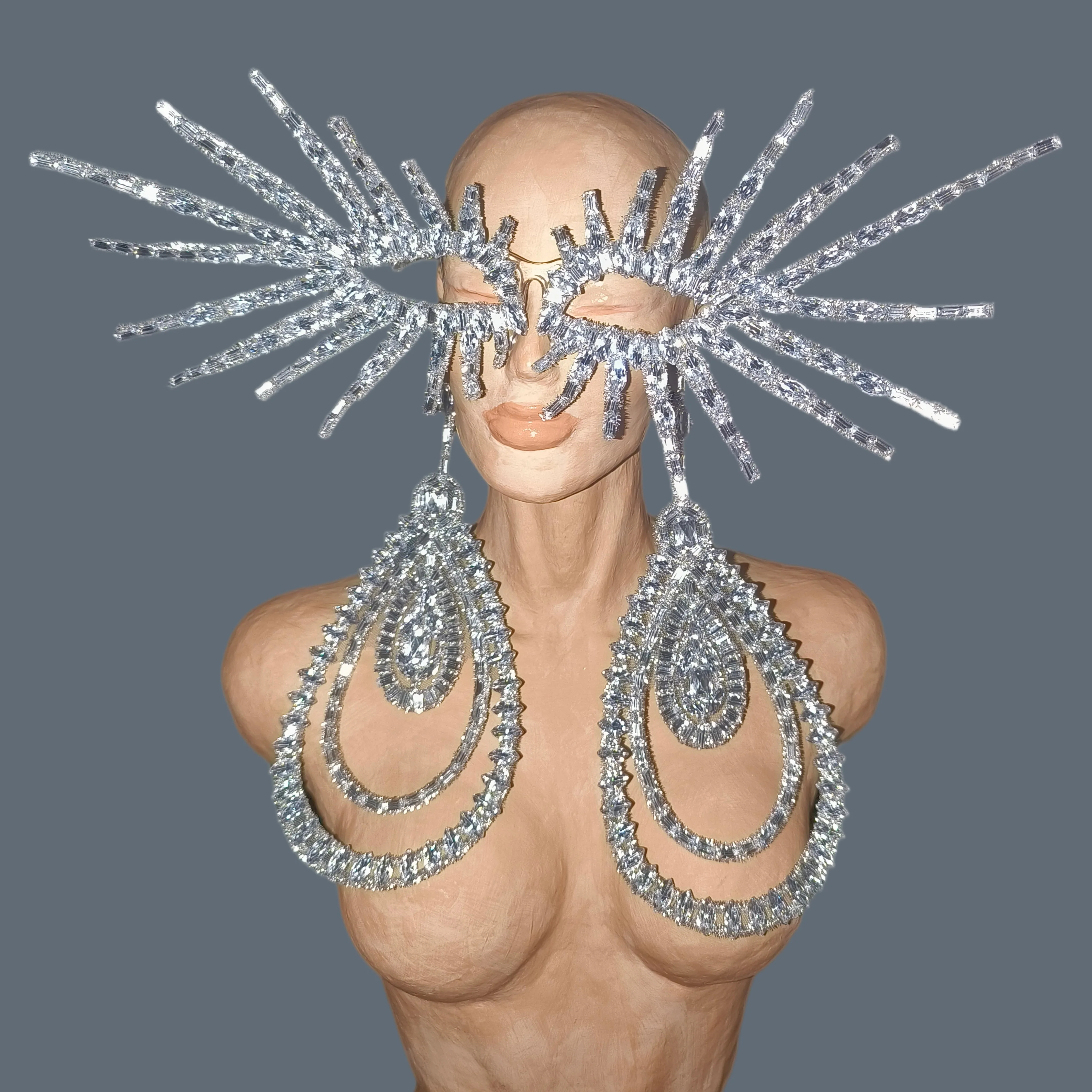 

Sparkly Rhinestone Earrings Head Chain Set Oversized Crystal Jewelry Stage Performance Birthday Party Evening Wear Accessories