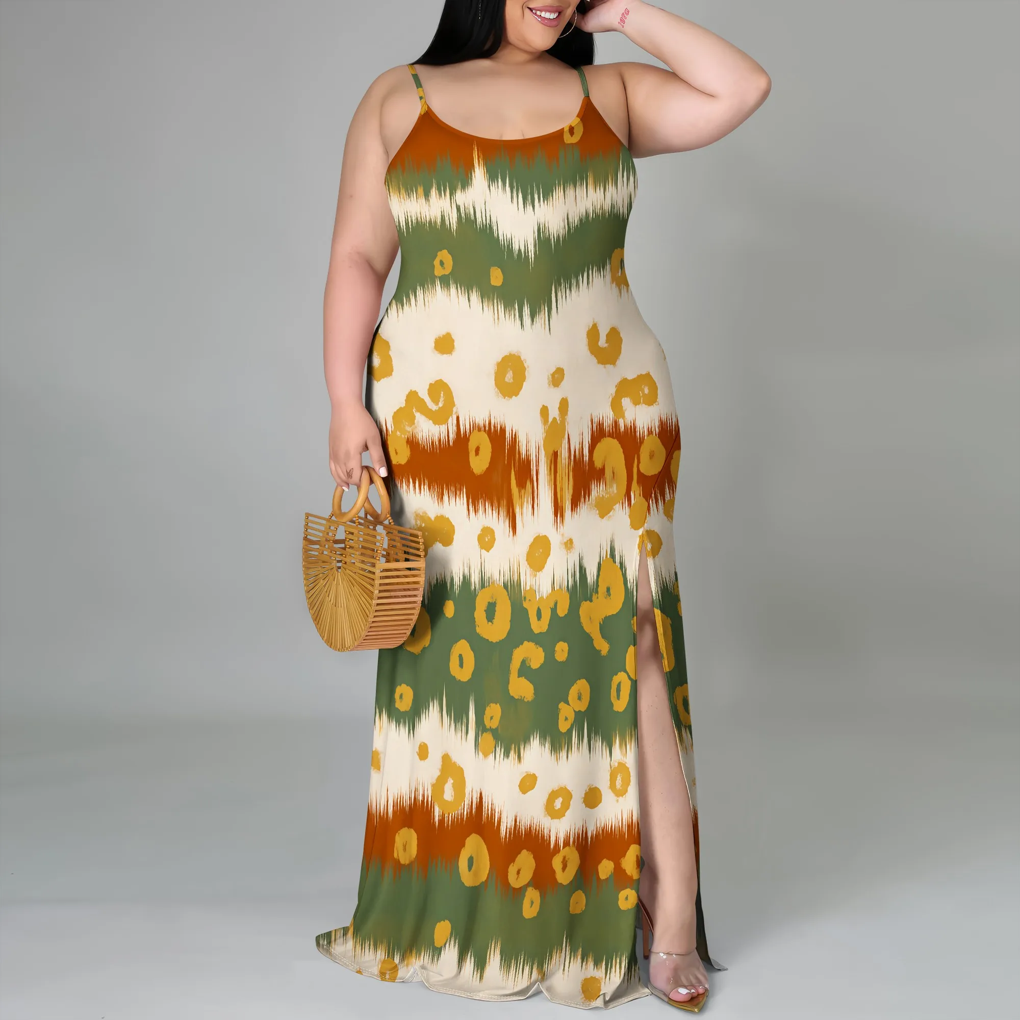 

"Boho Chic Spaghetti Strap Maxi Dress with Slit - Trendy Earthy Pattern for Summer Vacations & Outdoor Events"