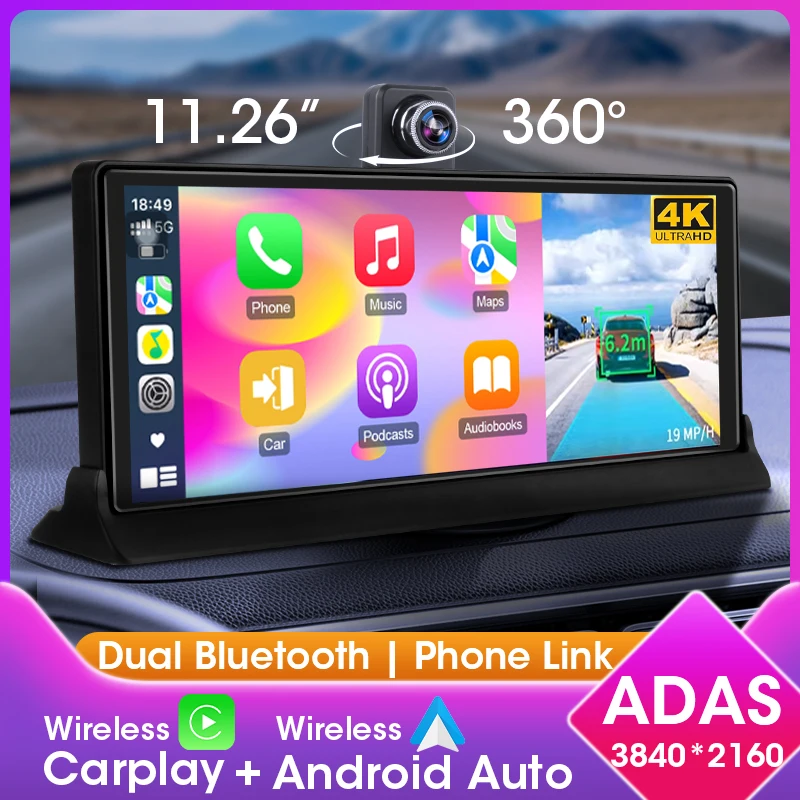 

10/11.26" Dash Cam 4K ADAS DVR Wireless CarPlay/Android Auto 360° Rotate Len 1080P Rear Camera Navigation GPS 24h Park Monitor