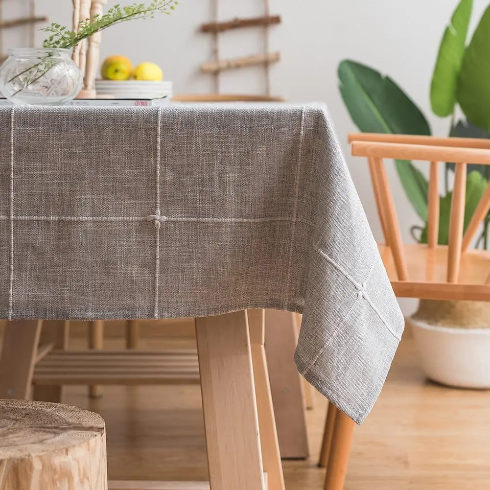 

Farmhouse Tablecloth Solid Embroidery Lattice Cotton Linen Table Cloth Fabric Wrinkle Free Washable Table Cover for Kitchen Dinn