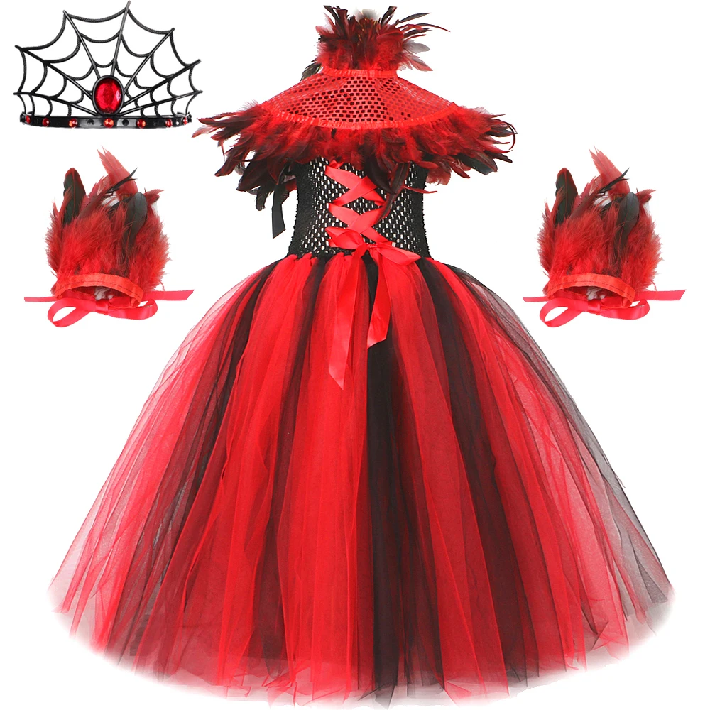 Gothic Devil Witch Halloween Costumes for Girls Demon Queen Long Tutu Dress for Kids Spider Vampire Cosplay Outfit with Feathers