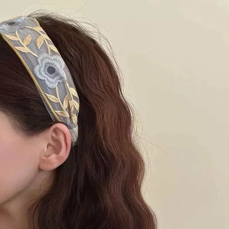 Beliebtes besticktes Blumen-Tüll-Stirnband für Damen – Vintage-Böhmisches Haarband-Accessoire – Detail 7