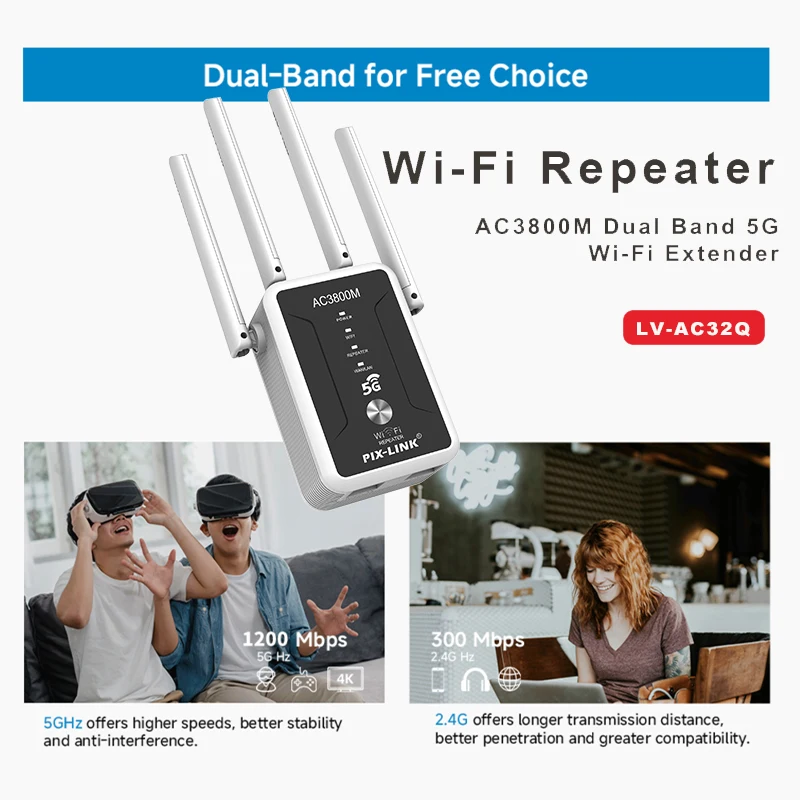 For Whole Home Coverage AC3800 Dual Band 2.4GHz/5GHz WiFi Range Extender PIX-LINK AC32Q 4 FEMs 2 Modes WPS Easy Setup Boost