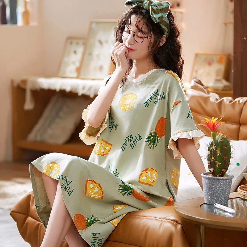 

Summer Cotton Sleep Dress Women's Short Sleeve Thin Medium Length Korean Style Cute Cartoon Home Clothes Dress