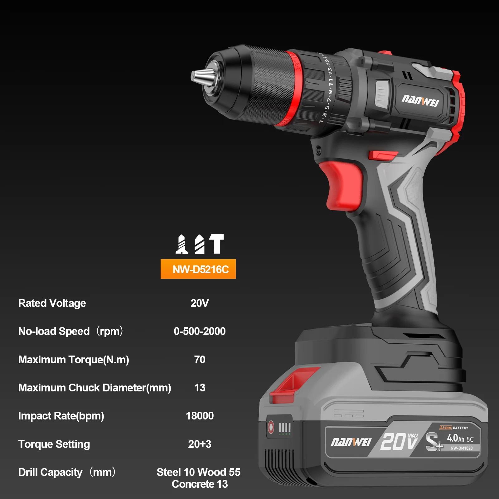 20V Cordless Impact Drill Rechargeable Brushless Motor Variable Speed 13mm Chuck 70 N.m Max Torque For Metal Work OEM