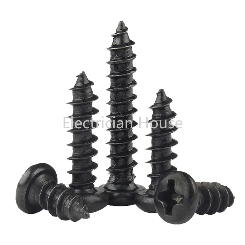 100 pcs/lot Cross Round Head Phillips Self-tapping Screw M1 M1.2 M1.4 M1.5 M1.7 M2 M2.3 M2.6 M3 M3.5 M4 M5 Black Carbon Steel