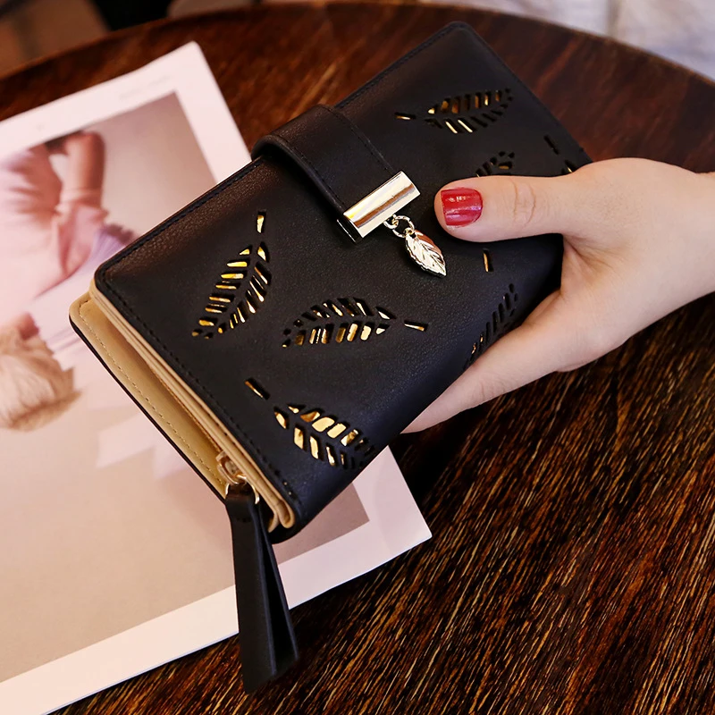 Women Wallet Hollow Golden Leaf Buckle Wallet PU Leather Purse Female Long Wallet for Women Coin Purse Card Holders Clutch