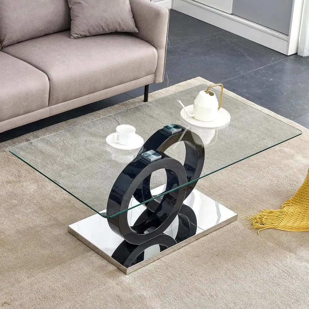 

Tempered Glass Coffee Table with Modern Metal Legs, Compact Size, Black Style