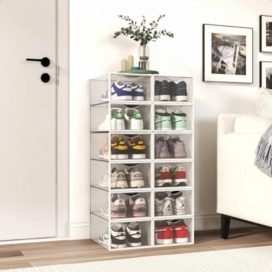12 Pack Shoe Storage Bins Clear Plastic Stackable Shoe Organizer for Closet Space Saving Foldable Shoe Rack Shoe Box Sneaker Ho