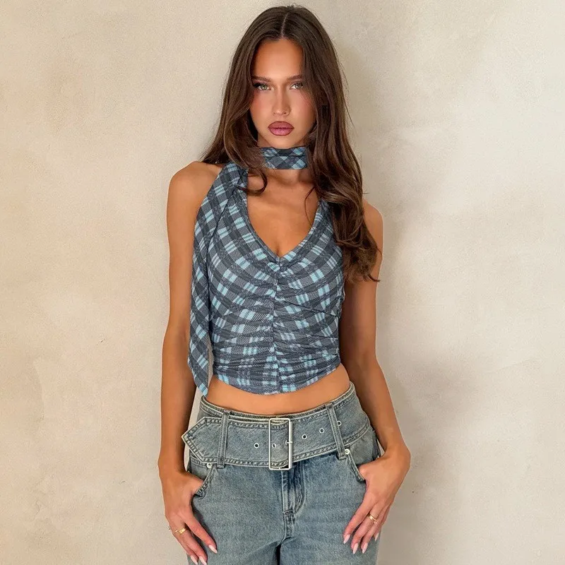 European Style Camisole Tie Shoulder Crop Tank Top Plaid Ruched Front Vest Light Blue Gray Backless Spaghetti Strap Top Wrap