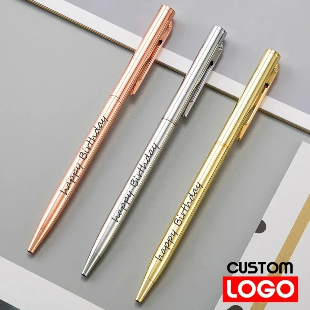 20-200 Pens New Slim Metal Ballpoint Pens Rose Gold Custom Logo Advertising Lettering Engraved Name School Office Supplies Gifts