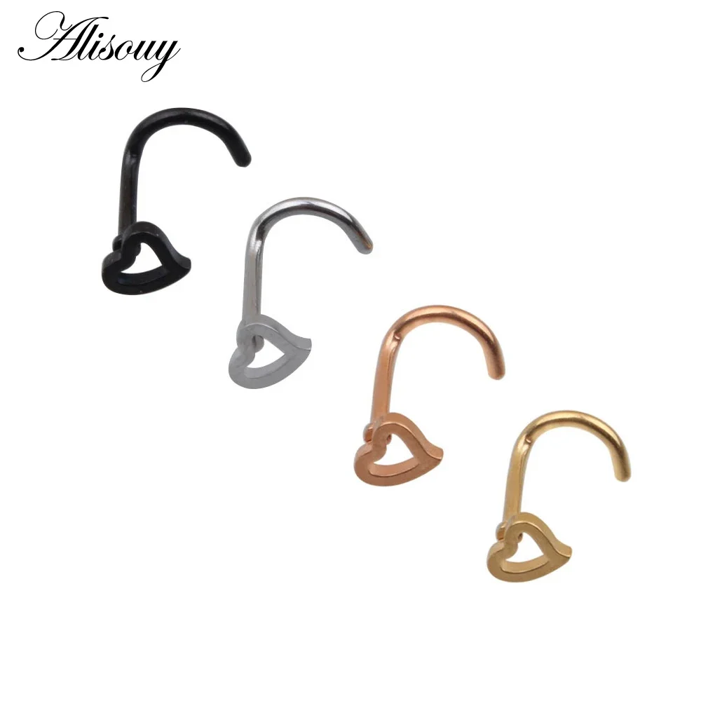 Alisouy 1 PC Stainless Steel Gold Color Black Nose Ring Earring Body Piercing Heart Shape Nose Studs Women Men Studs Jewelry