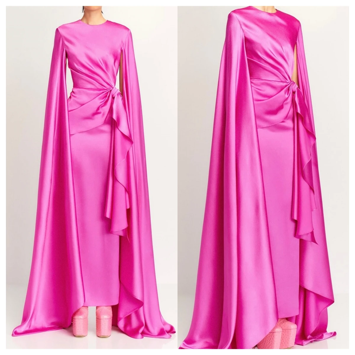 

Customized Classic Fuchsia Satin Evening Dress O-Neck Long Sleeves Celebrity Gowns Vestido De Festa Temperament High