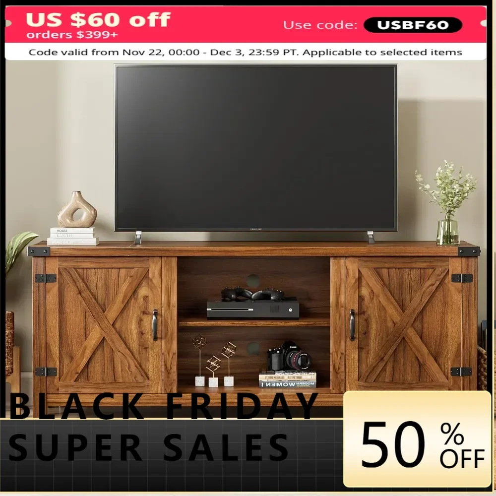 

Farmhouse TV Stand with Two Barn Doors and Storage Cabinets for Televisions up to 65+ Inch,Entertainment Center Console Table