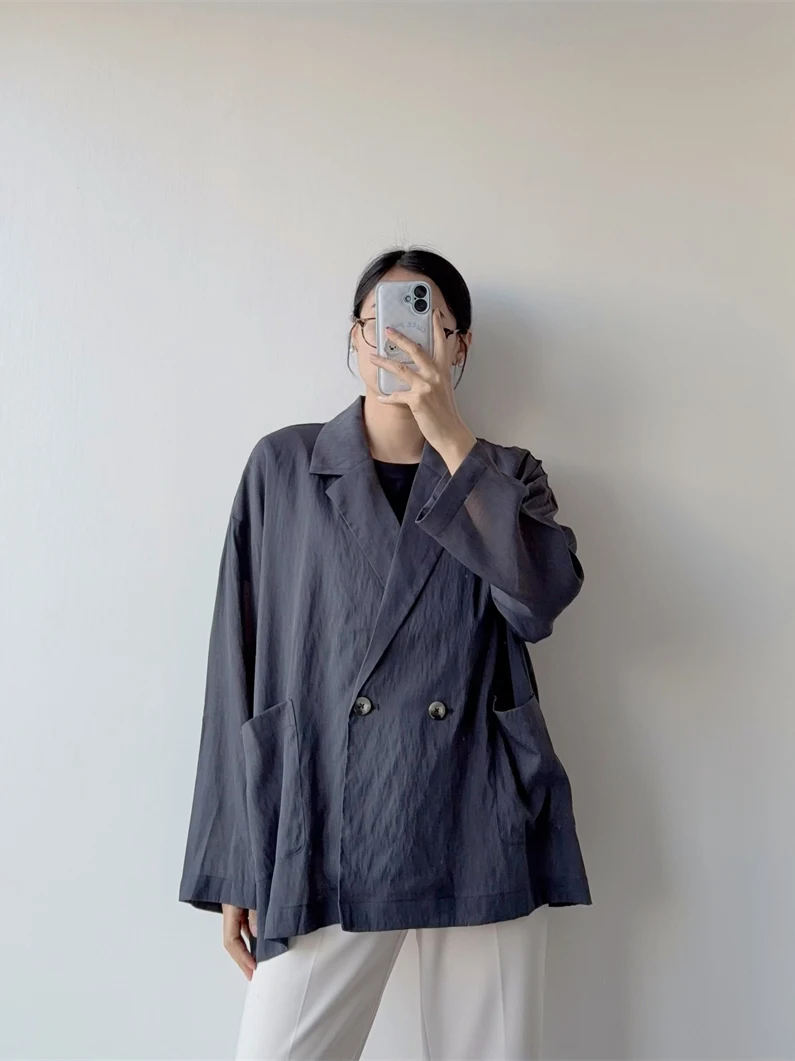 

Retro Lazy Style Women's Suit Jacket Summer New Loose Fit Casual Commute Thin Outerwear Long Sleeve Double Breasted