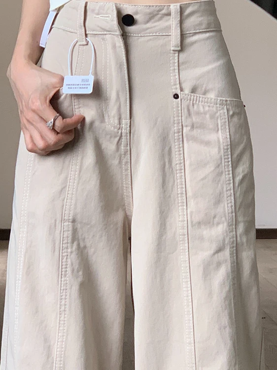 アメリカンハイウエストカジュアルパンツ レディースプラスサイズ ルーズドレープストレートレッグジーンズ ワイドレッグパンツ ベージュ