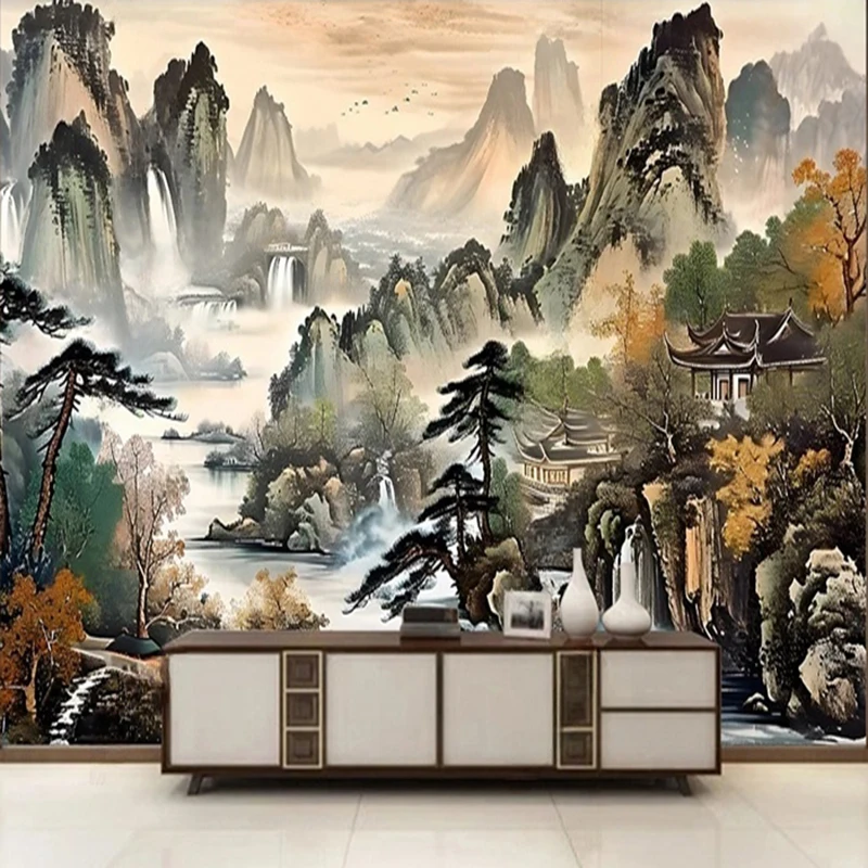 Chinese Style Custom Photo Mural Hand-painted Ink Oil Painting Abstract Mountain Tree Landscape Wallpaper Background 3D