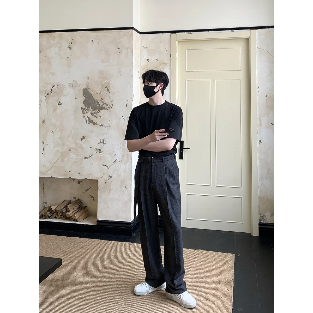 Men Autumn Winter 50% Wool with Belt Loose Causal Korean Fashion Thicken Wide Leg Suit Pant Commuter Man Straight Baggy Trousers