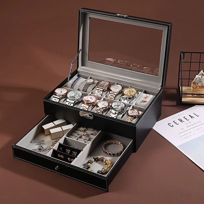Leather Lockable Watch Storage Boxes,Men & Women's Jewelry Display Drawer Case, 2-Tier Organizer Watch Showcase ﻿