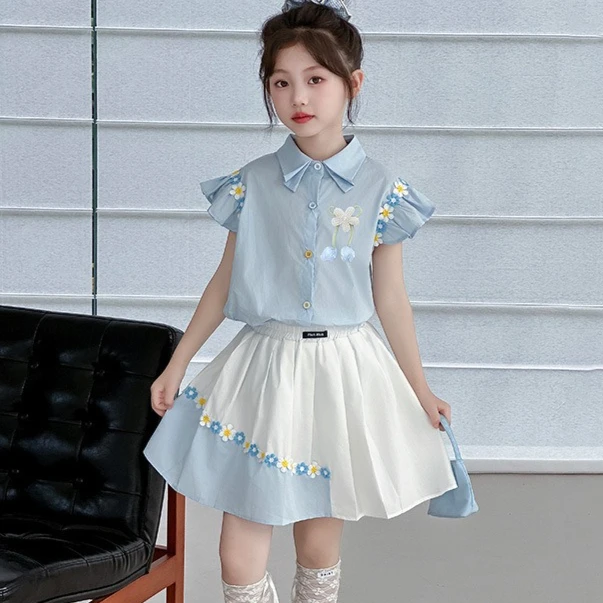 

Girls Suit 2025 Summer New Childrens Clothing Korean Style Girl Baby Fashion Fly Sleeve Top Pleated Skirt Two Sets Casual Simple