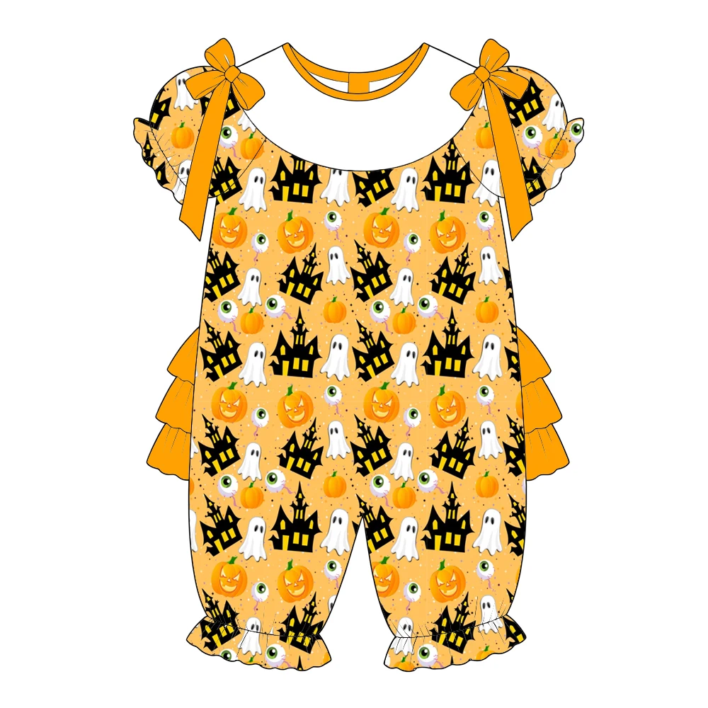 Boutique Girls' Customizable Name on Crew Neck Bow Decoration Ruffles Halloween Series Print Wholesale