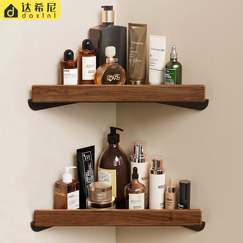 

Угловая полка для хранения из орехового дерева без сверления, треугольная корзина для ванной, водонепроницаемая полка из массива дерева для ванной и кухни, настенный органайзер
