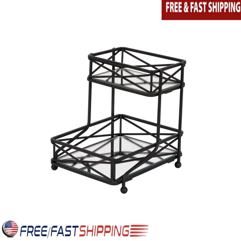 

2 Tier Vanity Tray Tower Freestanding Decorative Storage Organizer Cosmetics Jewelry Perfume Accessories with Mirrored Base Rust