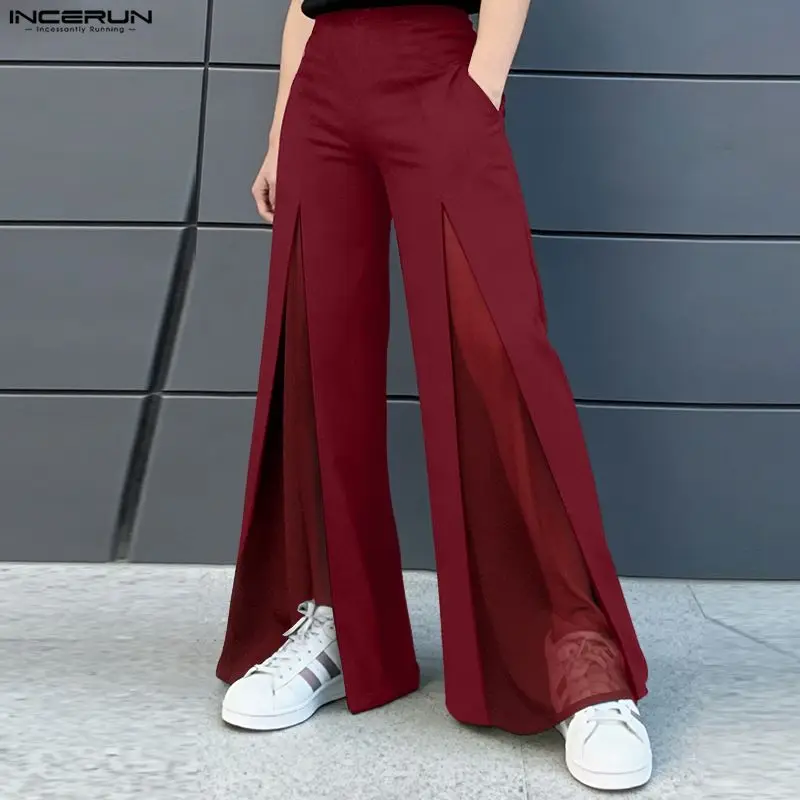

INCERUN Men's Wide Leg Pants Mesh Patchwork See Through Button Male Trousers Streetwear 2026 Casual Long Pants For Man Pantalon
