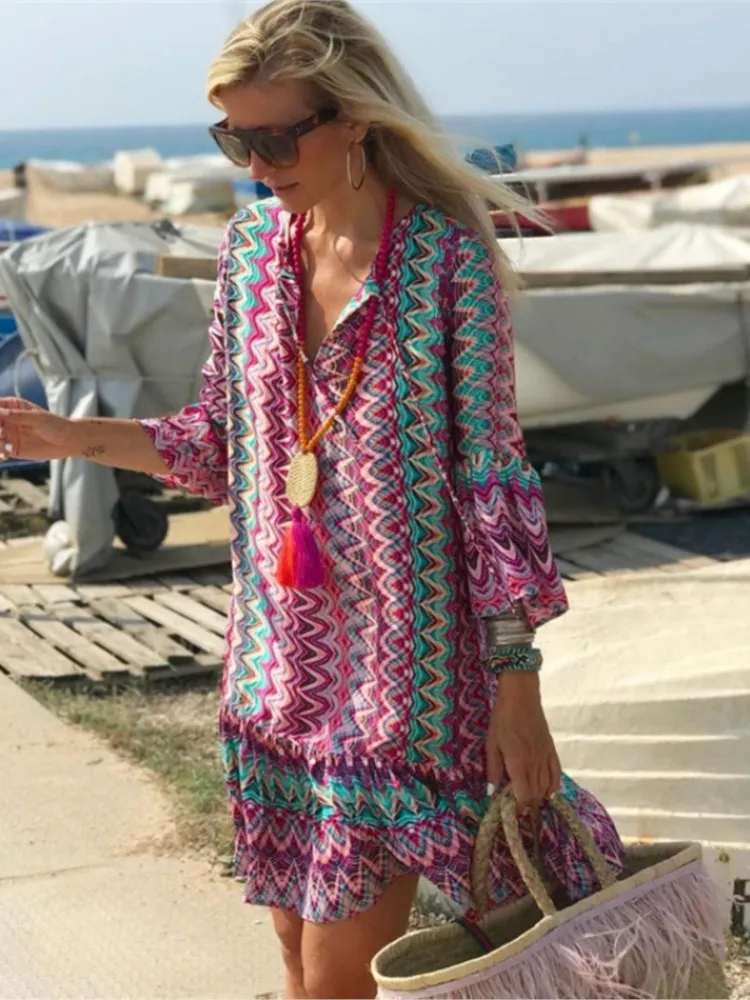 

Spring Summer New Printed Loose Mini Dresses Women Fashion V-neck Nine-quarter Sleeves Boho Party Dress Casual Beach Dress