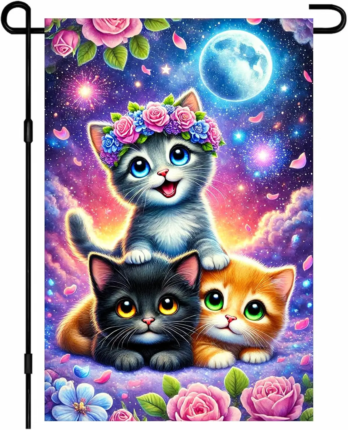 IVN Spring Summer Garden Flag 12x18 Inch Double Sided Galaxy Kitten Floral Outdoor Yard Flag for Outside Home Front Door Law llz