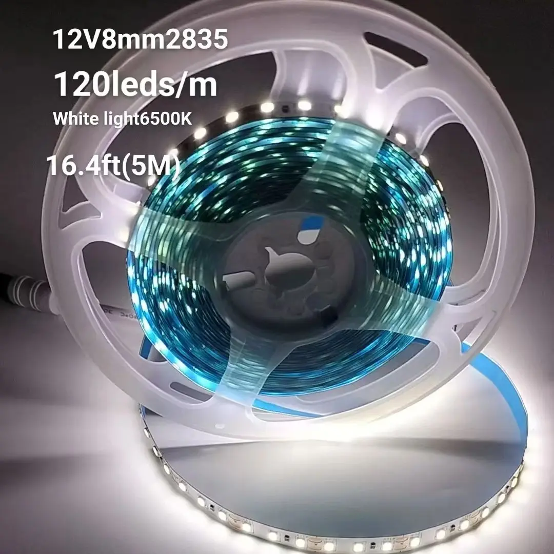 1 rolo/2 rolos de baixa tensão 12V 120 leds/metro 8mm de largura 2835 com conector DC faixa de luz, 16. 4 pés por rolo (5m) luz branca fria 6500k/luz branca neutra 4000k/luz branca quente 3000k tira de luz, chip led 12v placa nua faixa de luz autoadesiva, tira de luz de decoração de casa, tira de luz de férias (sem fonte de alimentação apenas)