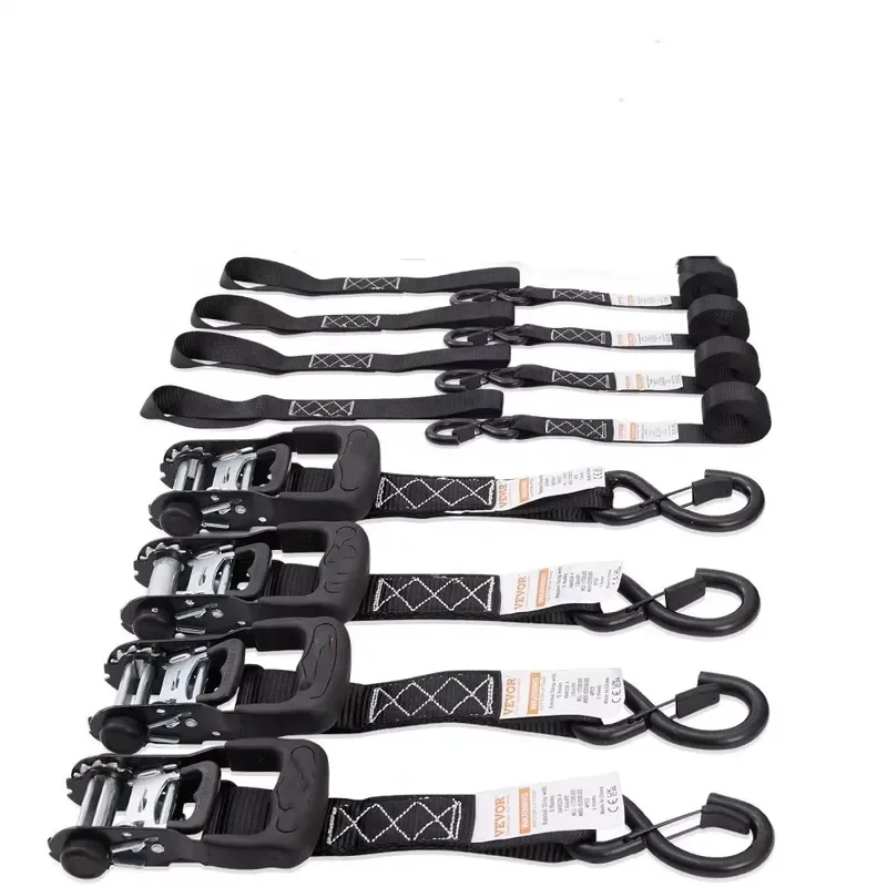 4 PK Black Cargo Lashing Strap Polyester Ratchet Tie Down with S Hook and Padded Handles